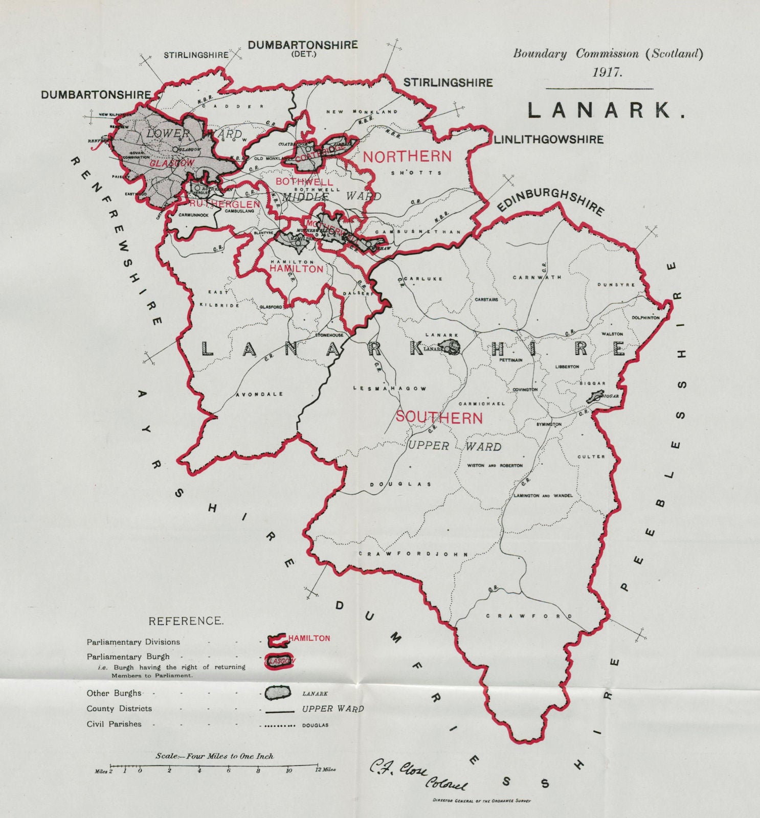 Lanark Parliamentary County. Scotland. BOUNDARY COMMISSION. Close 1917 old map